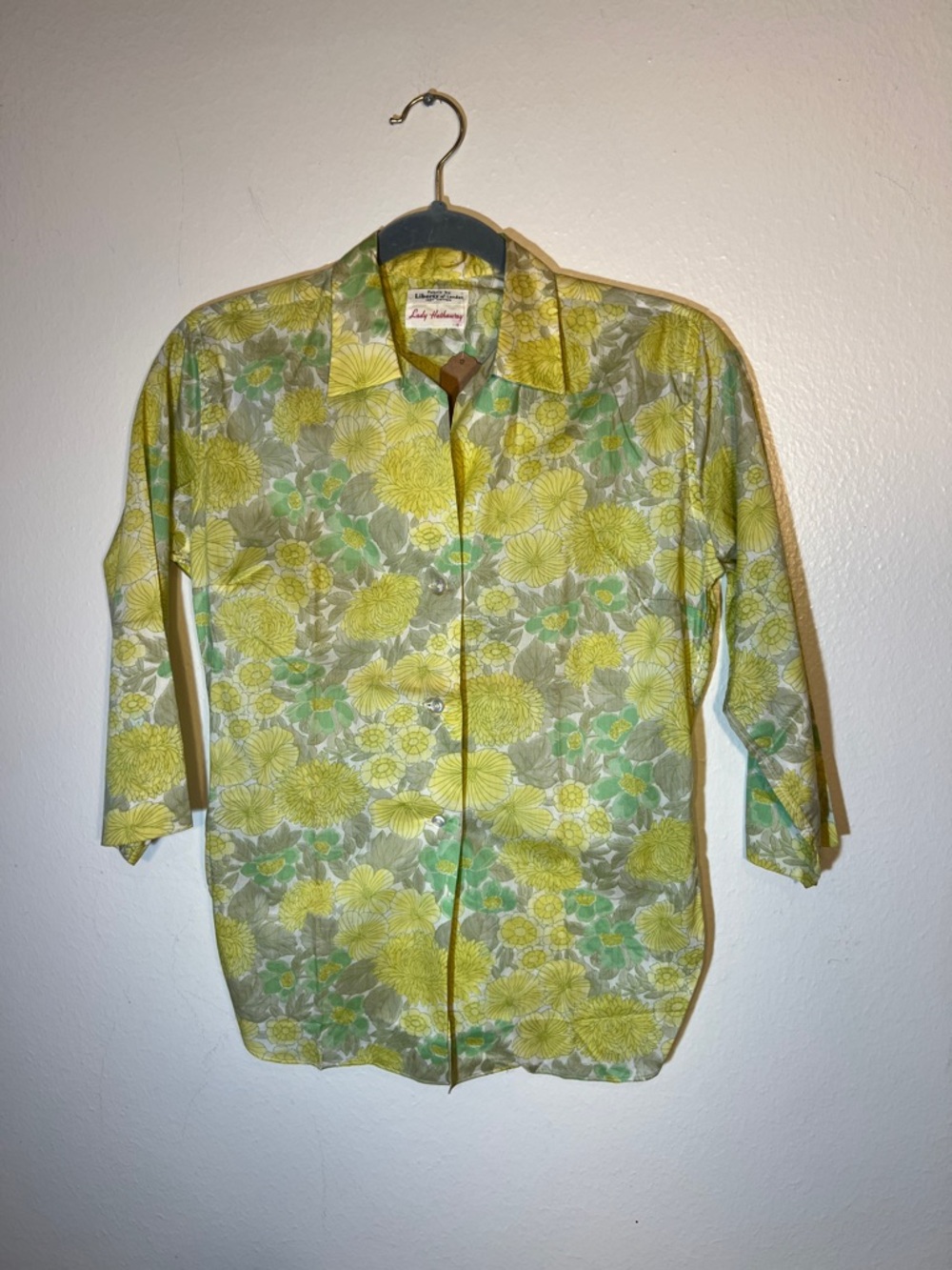 Vintage Liberty of London Yellow Tan Floral Lightweight Button-Down Shirt 10 XS